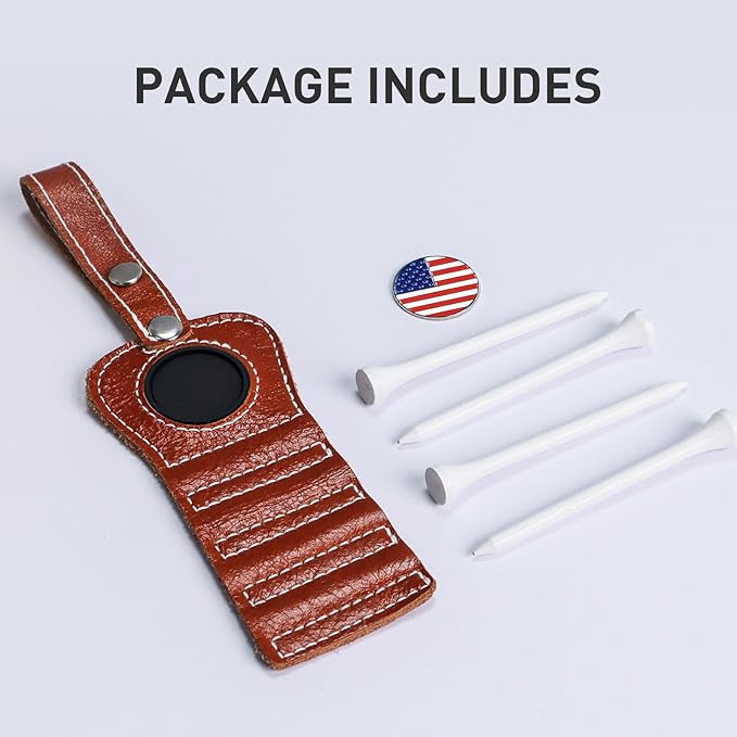 Golf Tee Holder with USA Ball Marker 4 Pcs White Wood Tees, Portable Hold Different Tee Leather Gift Hook Hanging Clip to Golf Bag Belt