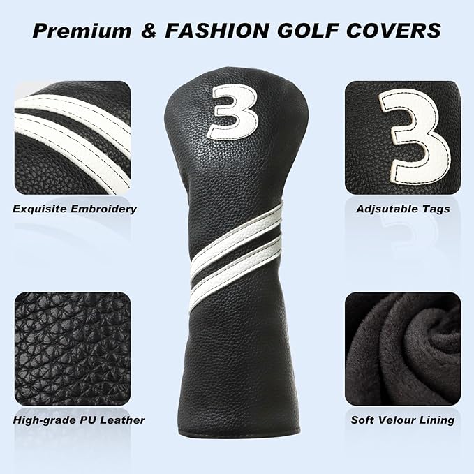 Golf Club Covers,4pcs or 1pc Golf Headcovers for Woods and Driver Fairway Hybrids Women Men - Premium PU Leather with Interchangeable Tags & Magnetic Blade and Mallet Putter Covers