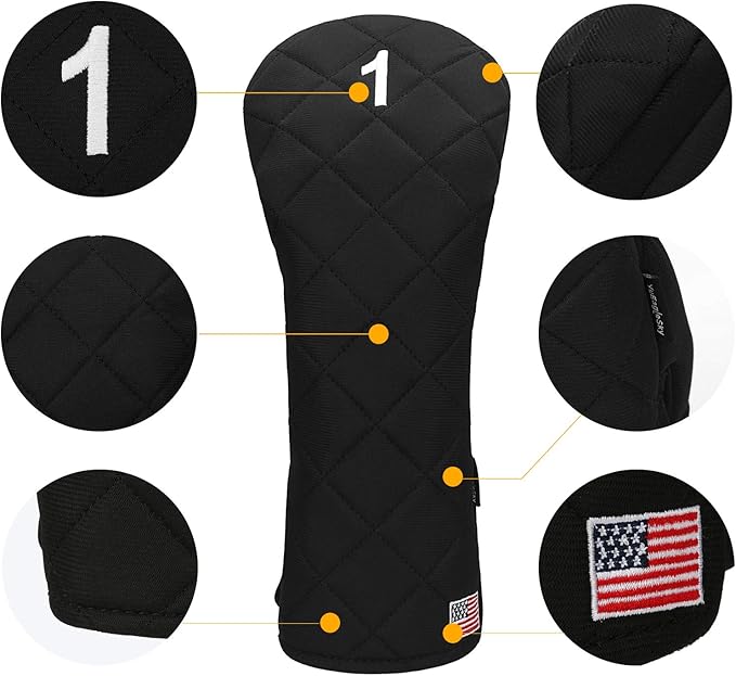 Golf Head Covers Driver Fairway #3#5 Hybrid USA Flag for Club Men Women, (Black or White)