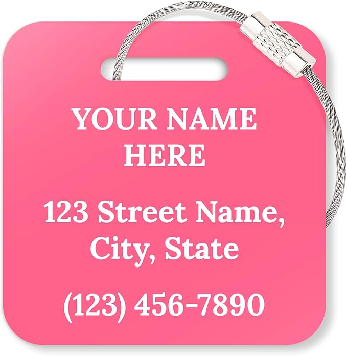 Custom Luggage Tags, Personalized Name Address for Suitcases,Backpack, Handbag, Travel Equipment Tag, 2x2 Inches, Acrylic Heavy Duty Waterproof, Made in The USA by My Sign Center- Pink