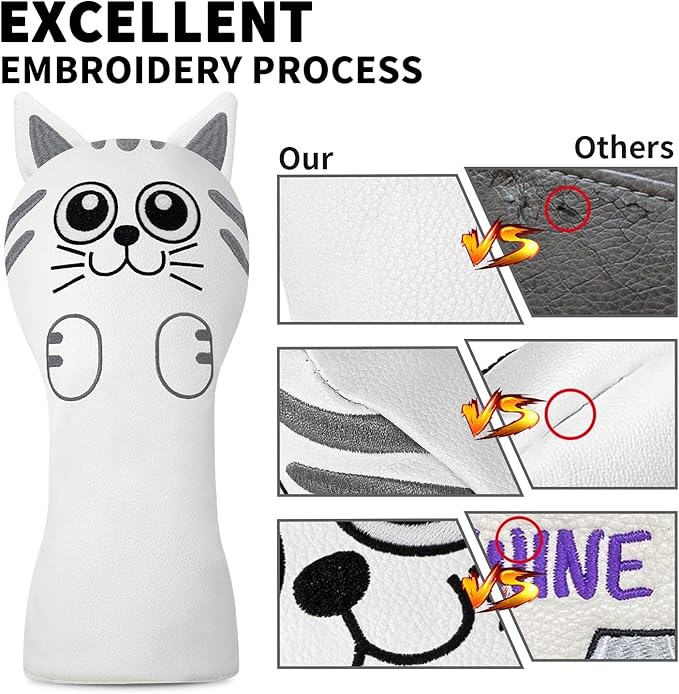 Golf Kitty Head Cover Golf Club White Leather Headcovers 1pc/4pcs Set Fits Driver Fairway Wood Hybrid Utility Putter Iron Wedge Headcover.