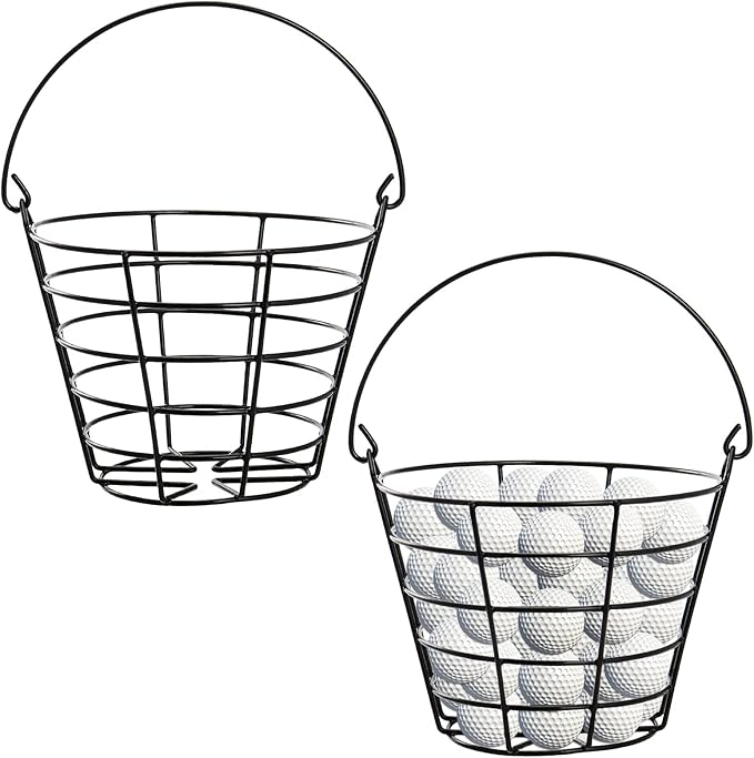 SINJEUN 2 Pack Metal Golf Ball Basket with Handle, Golf Ball Bucket, Golfball Container, 8.27 x 6.3 x 5.12 Inches, Holds 50 Balls, Black