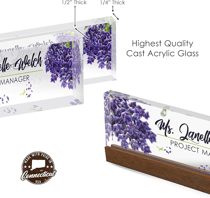 Artblox Personalized Office Desk Name Plate and Business Card Holder | Clear Acrylic Glass with Teak Wood Stand | Lavender Flowers Design Customized with Your Name and Credentials Office Desk Décor