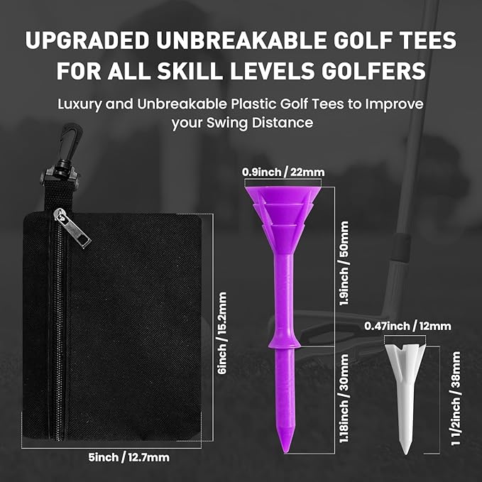 FINGER TEN Golf Tees Plastic Unbreakable 30 Tees 3 1/4 Inch and 20 More Short Tees 1 1/2 Inch with Black Golf Tee Bag, Easy to Find Value Gift Set