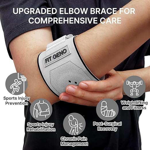 Fit Geno Elbow Brace for Tennis & Golfer's Elbow: Adjustable Elbow Strap for Tendonitis Pain Relief with Compression Pad - Support for Sports Men and Women - Forearm 10''-15.5'', 1 Pack, Gray
