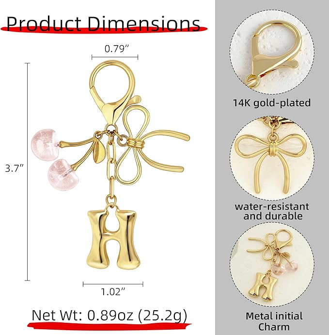 Gold Bubble Heart, Cherry, Bow & More Designs Letter Initial Keychain Bag Charms – Cute Purse Charms for Handbags