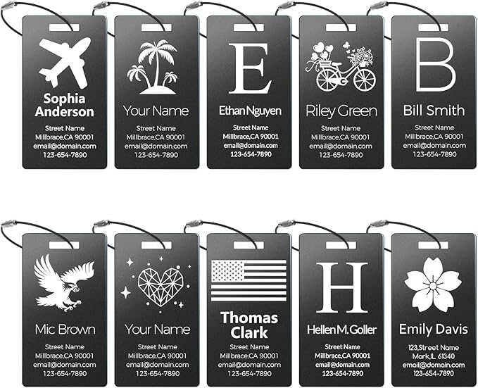 Personalized Metal Luggage Tags, Custom Suitcase Aluminum Name Tags with 5.9in Steel Ring, Laser Engraved Text and Logo, for Travel Gift, Baggage, Golf Bag (Black)