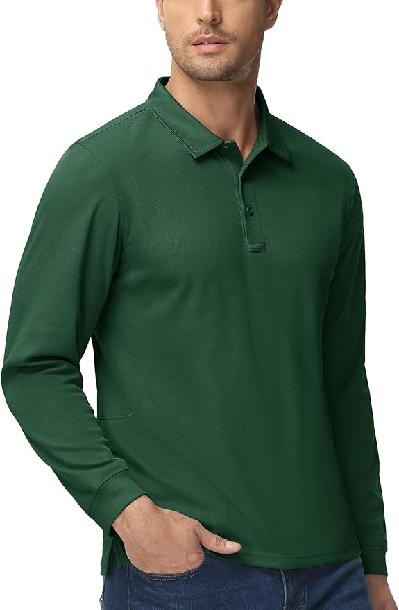 MAGCOMSEN Men's Polo Shirts 3 Button Quick Dry Performance Long Sleeve Tactical Shirts Pique Jersey Golf Shirt