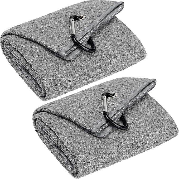 VIVIDLY 2 Pack 16" x 24" Tri-fold Golf Towels, Premium Microfiber Fabric Waffle Pattern with Gray Heavy Duty Carabiner Clip, Orange Golf Towels for Golf Bags for Men (Gray)