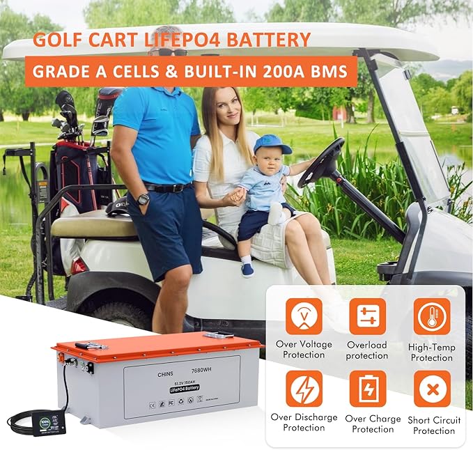 CHINS 48V 150Ah Lithium Golf Cart Battery with 48V 18A Lithium Charger, Built-in Smart 200A BMS, with Touch Monitor & Mobile APP, 4000+ Cycles Rechargeable LiFePO4 Battery, Max 10.24kW Power Output