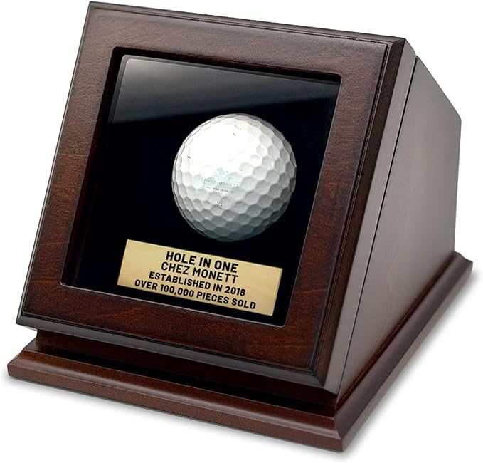Hole-in-One Golf Ball Display Case -Custom Brass Plaque Engraving-Durable Wood & Glass Design