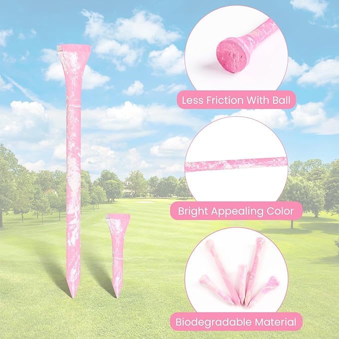 Golf Tees Styllish Bamboo Wooden Coloured Painted 50 Pack, 2 3/4 or 3 1/4 Inch Tee with 10 More Short 1 1/2 Inch Driving Range Tees, Enhanced Visibility Pink Green for Men Women