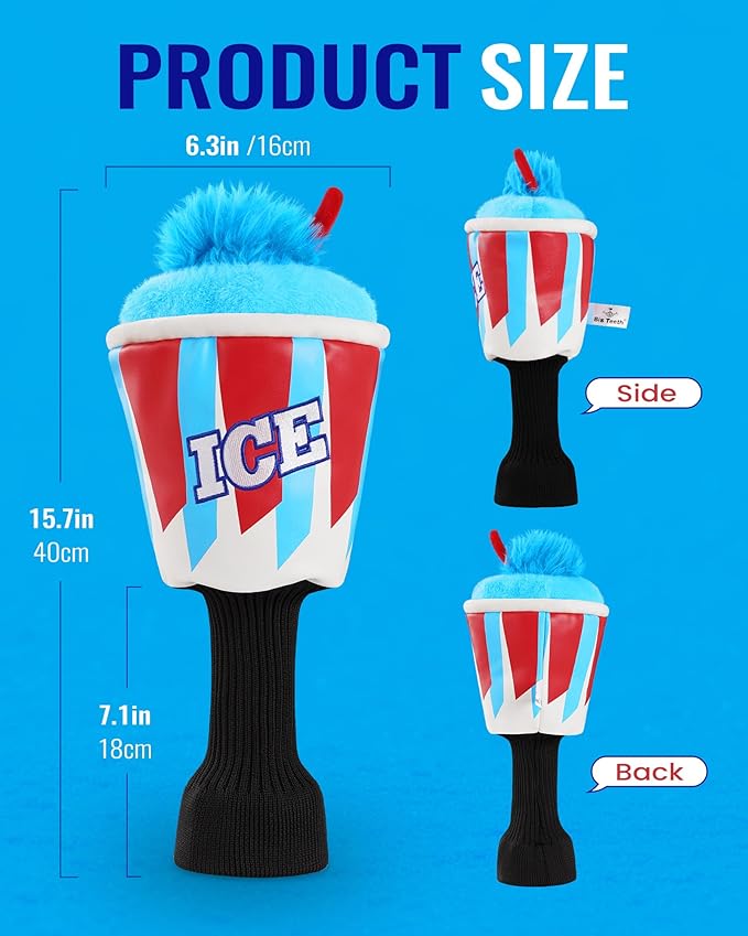 Big Teeth Driver Headcover Ice & Birdiee, Driver Covers for Golf Clubs, Funny Birdie Putter Cover,Milk Shake Ice Cream Mallet Putter Cover,Blue and Red Color