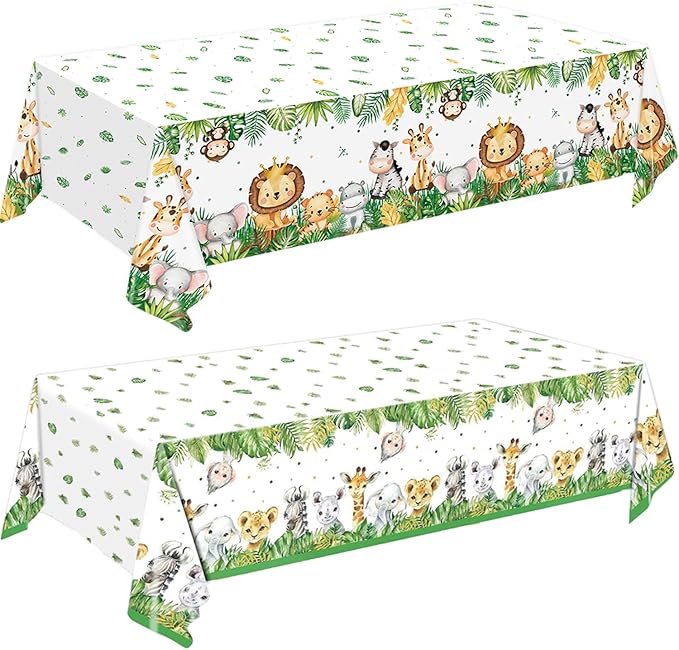 4 Pack Jungle Safari Tablecloths, Wild One Table Cover, Animals Plastic Plastic Table Cloth for Sage Green Safari Baby Shower Decorations, 108×54 Inch