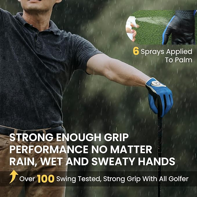 FINGER TEN Premium Rain Grip Men's Golf Gloves 1 Pair, Hot Wet Weather No Sweat Glove for Serious Feel & Performance, Left Right Hand Black Gray White Blue Fit Size S M L XL 2XL 3XL