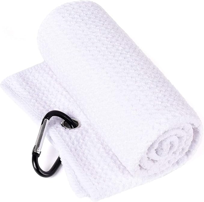 Golf Towels, Microfiber Waffle Pattern Tri-fold Golf Towel - Brush Tool Kit with Club Groove Cleaner, with Clip Men Women Golf Gifts (White Towel+Black Brush)