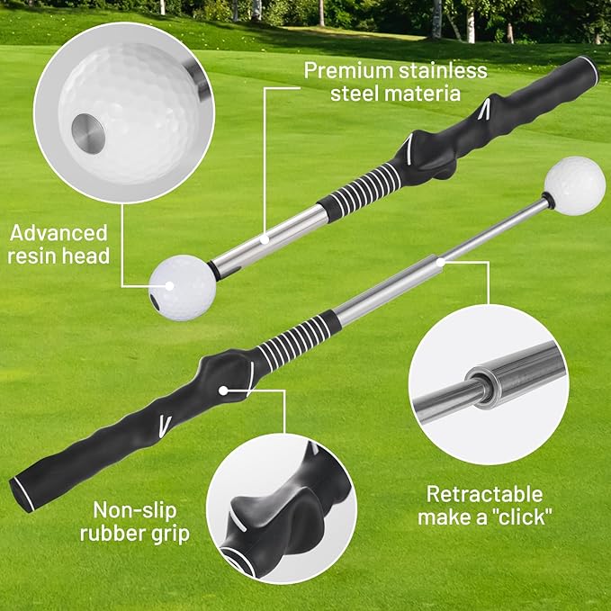 Retractable Golf Swing Trainer – 2025 Golf Gifts with Arm Band,Training Aid for Grip Correction, Swing Click Feedback & Arm Connection,For Right & Left-Handed Golfers,Indoor & Outdoor Practice