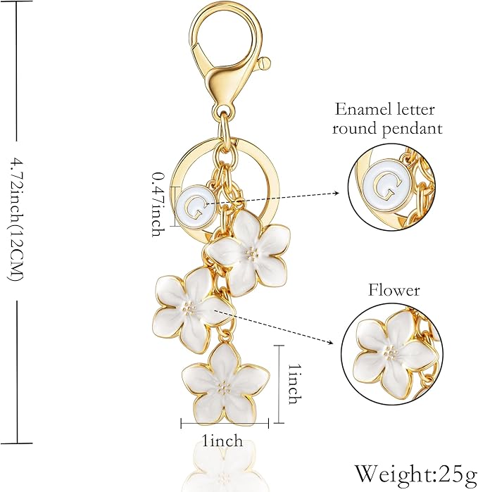 XGALBLA White/Pink/Black Big Cute Flower Initial Letter Keychain for Women, Flower Bag Charms Enameled Keychain Handbag Purse