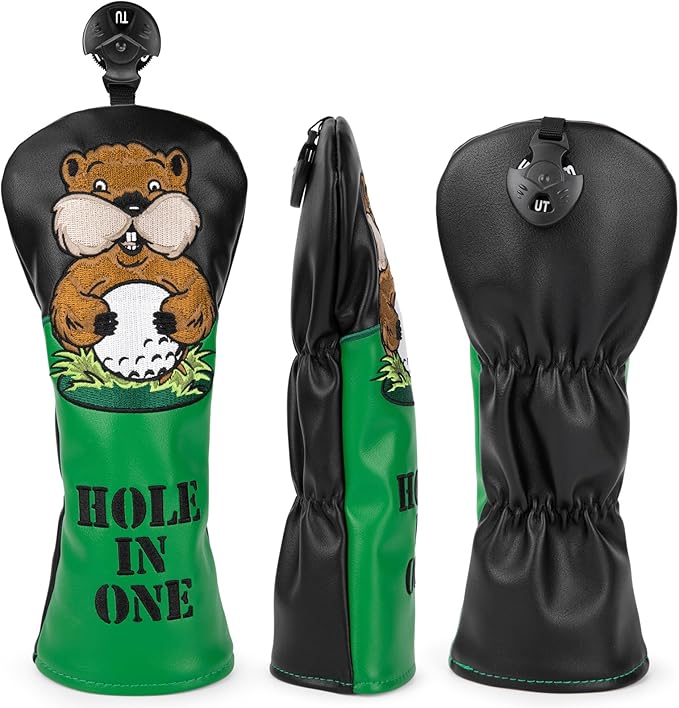 Golf Club Head Covers, Gopher Style Embroidery Golf Club Covers for Woods and Driver Fairway Hybrid, PU Leather Golf Head Covers for Men Women with Interchangeable Tags, Fits Most Golf Clubs
