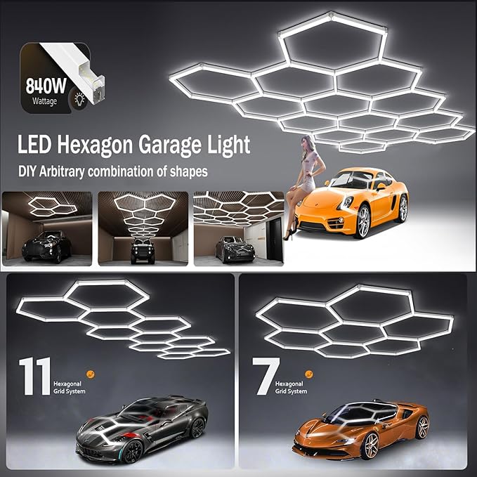 58Lights LED Hexagon Honeycomb Lights,14-Hex Honeycomb Lights 68800Lumens Hexagon DIY Super Bright Car Detailing Ceiling 688W LED Shop Light for Warehouse Workshop Gym Basement