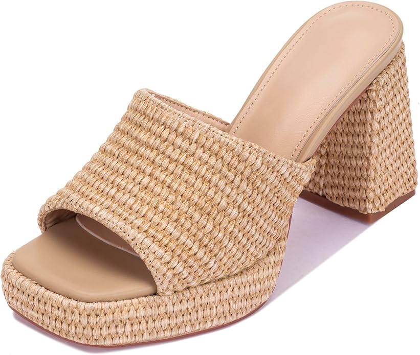 Monrovia Womens Sandals Heels for Women Slide On Block Chunky Platform High Heels Open Toe Raffia Wedge Sandals