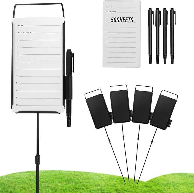 4 Pack Steel Longest Drive and Closest to The Pin Marker, Golf Metal Proximity/Course Distance/Fairway Distance Markers with 50 Sheets Cards and 4 Pens, for Outdoor Golf Tournament Signs