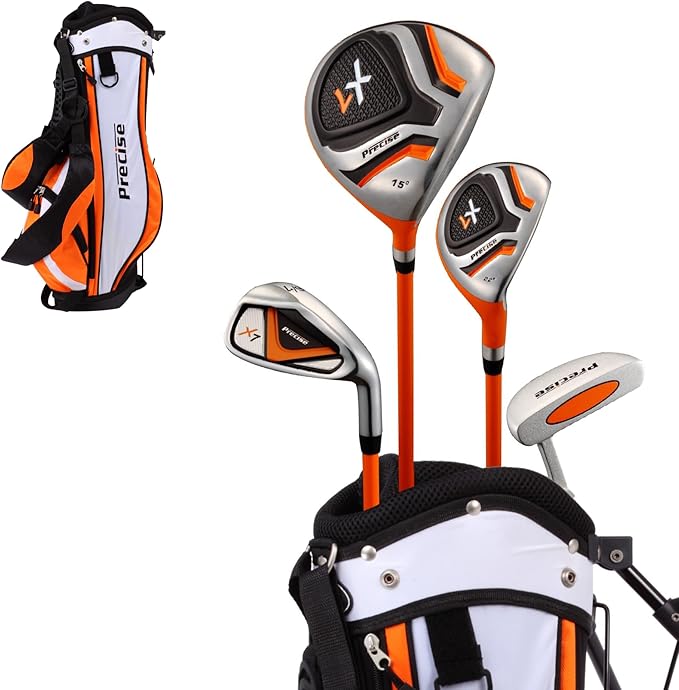 Precise X7 Kids Golf Clubs Set – Boys’ & Girls’ Junior Golf Set with Lightweight Graphite Shafts, Hybrid, Putter & Stand Bag