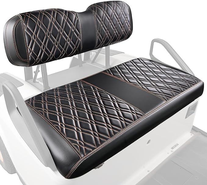 Golf Cart Seat Covers Suitable for EZGO TXT Standard Front Seat Cushion, EZGO Front Seat Covers Kit No Drilling & Waterproof (Black PVC Leather & Brown Stitching)