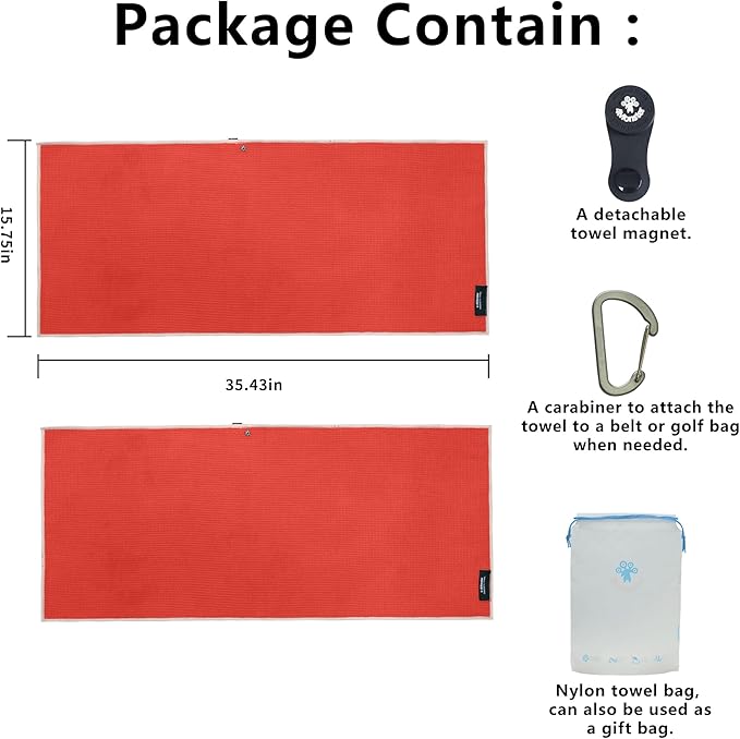 4Monster Golf Towels 3-Pack with Detachable Magnet and Portable Pouch, Quick-Dry Microfiber Golf Towel Set for Golf Bags,Custom Towel Gifts for Men or Women (2, Red)