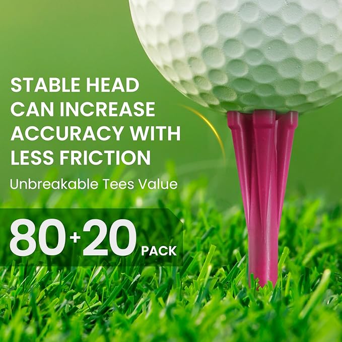 FINGER TEN Unbreakable Golf Tees Plastic 80 3 1/4" or 2 3/4" Driver Tees with 20 1 1/2" Iron Tees Assorted Pack, Low Resistance & Consistent Height Long Short Tees with Bright Colors