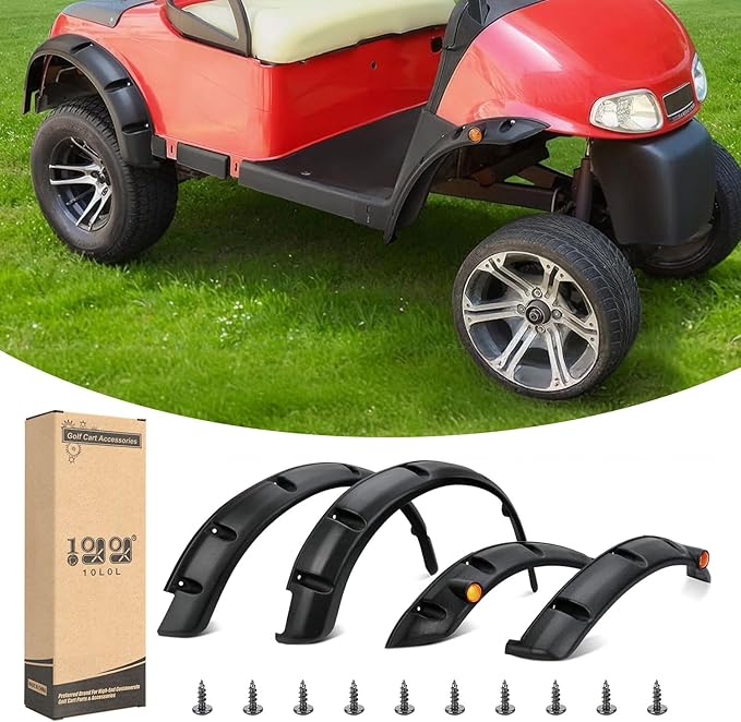 10L0L 4PCS Golf Cart Fender Flares for Yamaha G29, EZGO TXT/RXV, Club Car DS/Precedent - Heavy Duty ABS Plastic Mud Guards with Reflectors & Stainless Steel Hardware
