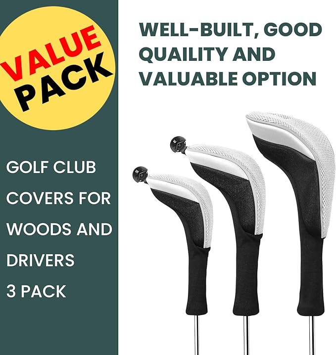 FINGER TEN Golf Club Head Covers Woods Driver Fairway Hybrid 3/4/5 Set, Headcovers Men 1 3 5 7 X Interchangeable Number Tag, Fit All Wood Clubs