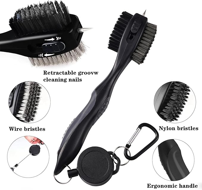 Golf Club Brushes, Golf Cleaning Tool, with Retractable Cleaning Nails, Nylon and Wire Bristles Oversize Double Brush Head with 2ft Retractable Zip-line Metal Buckle