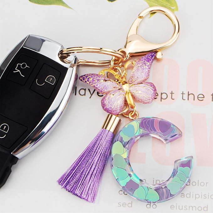 Suweibuke Colourful Cute Initial Letter Keychains for Women Girls with Tassel Butterfly, Charm for Purse Handbags Backpacks