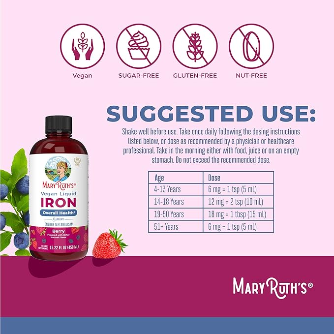 Iron Supplement for Women Men & Kids | Liquid Iron Supplement for Women Men & Kids | Iron for Healthy Blood & Oxygen | Ages 4 & Up | Sugar Free | Vegan | Non-GMO | Gluten Free | 15.22 Fl Oz