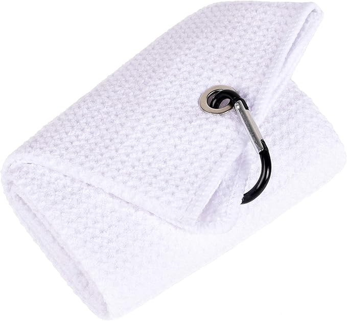 Mile High Life Tri-fold Golf Towel | 16" X 24" | Premium Microfiber Fabric | Waffle Pattern | with Heavy Duty Carabiner Clip | for Men and Women (White)