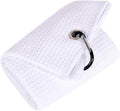 Mile High Life Tri-fold Golf Towel | 16" X 24" | Premium Microfiber Fabric | Waffle Pattern | with Heavy Duty Carabiner Clip | for Men and Women (White)