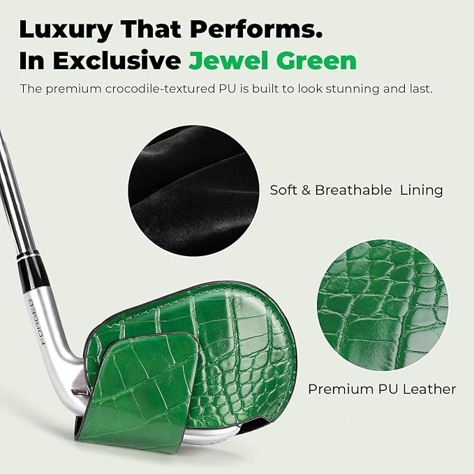Magnetic Golf Iron Head Covers Set of 5 – Premium Crocodile-Embossed PU Leather Headcovers, Ventilation Design Keeps Clubs Dry | Easy On/Off, Fits All Irons | Unique Golf Gift for Men & Women