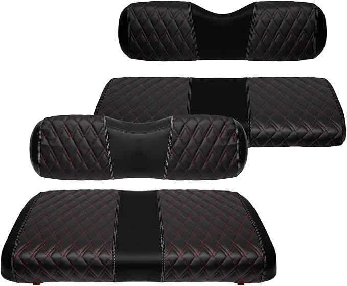 4PCS Golf Cart Diamond Seat Covers Kit, Fits EZGO TXT 1994-2013 Golf Cart Vinyl Replacement Seat Cover （Black Stitching, No Stapler, Easy to Clean）