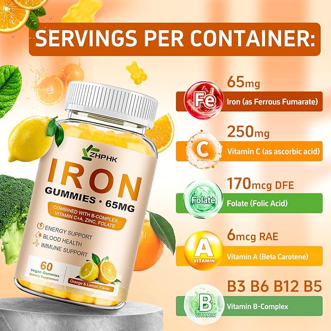 Iron Gummies Vitamin Supplement 65mg & Vitamin C 250mg per Serving with B6 B12 Folate- Energy Support for Iron Deficiency, Anemia, Vegan Orange & Lemon Flavor, 120 Count