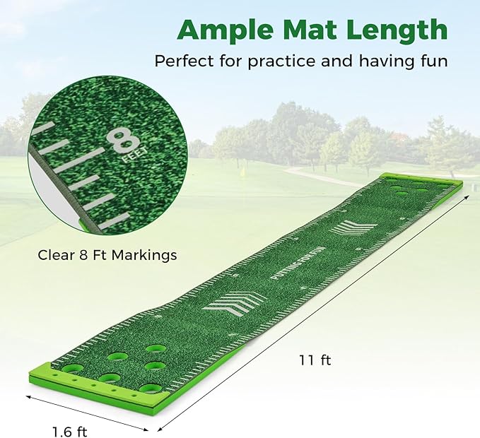 Goplus Putting Green Mat, Portable Golf Game Set with 2 Adjustable Putters, 6 Balls, Carrying Bag, Golf Putting Mat for Party, Practice, Home, Backyard