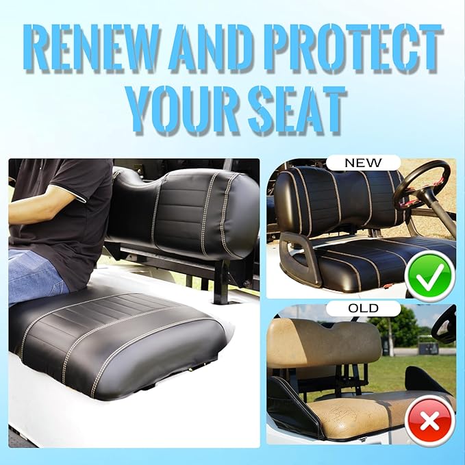 Golf Cart Seat Covers fits Club Car Precedent/DS/EZGO RXV/TXT/Yamaha Front Rear Seat Cushion，Black Leather Custom Stripe Soft Comfortable/Anti-Scratch/Easy to Clean