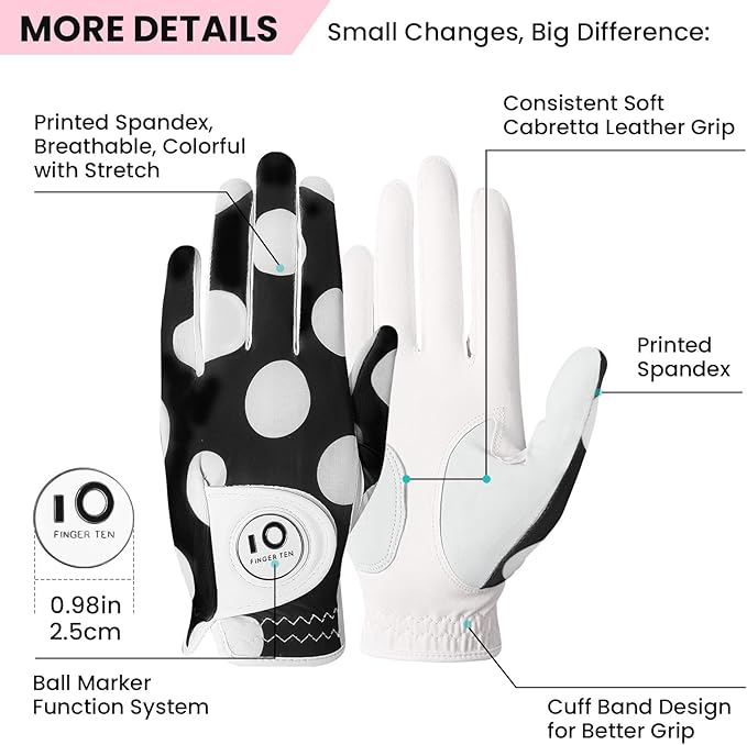 FINGER TEN Stylish Golf Gloves Women with Ball Marker 1 Pack for Left or Right Hand, Breathable Glove with Fashion Patterns for Ladies Right Left Handed Golfer