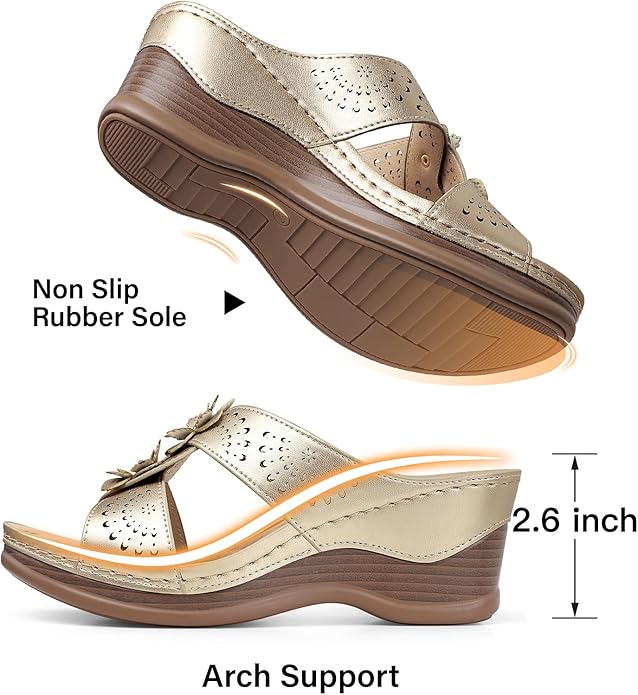TEMOFON Womens Wedge Sandals Leather: Dressy Sandal, Rubber Sole, Comfortable Walking, Casual Slip on Summer Shoes, Size 5-11