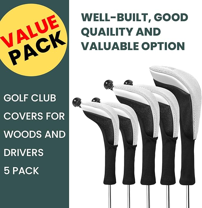 FINGER TEN Golf Club Head Covers Woods Driver Fairway Hybrid 3/4/5 Set, Headcovers Men 1 3 5 7 X Interchangeable Number Tag, Fit All Wood Clubs