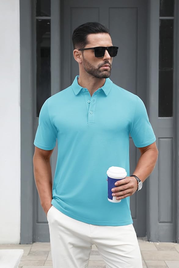 MAGCOMSEN Men's Polo Shirts Short Sleeve Cotton Pique 3 Button Classic Fit Casual T-Shirt Performance Golf Shirts