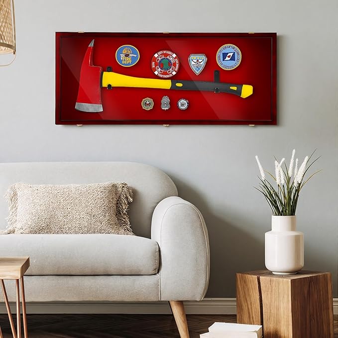 44.5'' Firefighter Fireman Axe Display Case Wooden Wall Mount Storage Display Rack with Hanger Stand Lock W/ 98% UV Protection Acrylic Clear Door for Retired Firefighter Collector Memorabilia