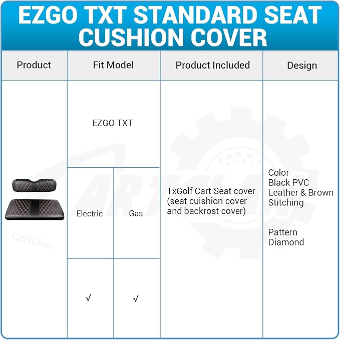 Golf Cart Diamond Seat Covers Kit Suitable for EZGO TXT Standard Front Seat Cushion, EZGO TXT Front Seat Covers Kit No Drilling & Waterproof (Black PVC Leather & Brown Stitching)