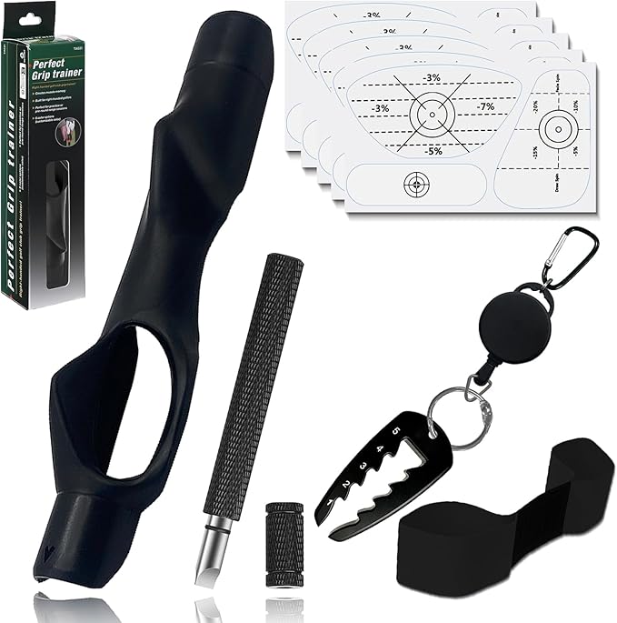 5-in-1 Golf Training Kit: Golf Grip Trainer,Swing Training Aid,Golf Impact Tape Labels,Adjustable Tee Height Tool & Club Groove Sharpener