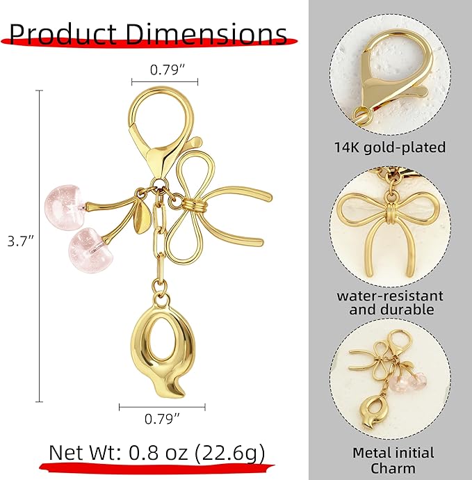 Gold Bubble Heart, Cherry, Bow & More Designs Letter Initial Keychain Bag Charms – Cute Purse Charms for Handbags
